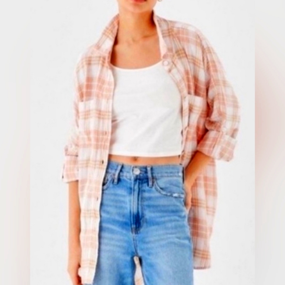 AE Oversized Plaid Button-up Top and Ribbed Tank Top, Size S